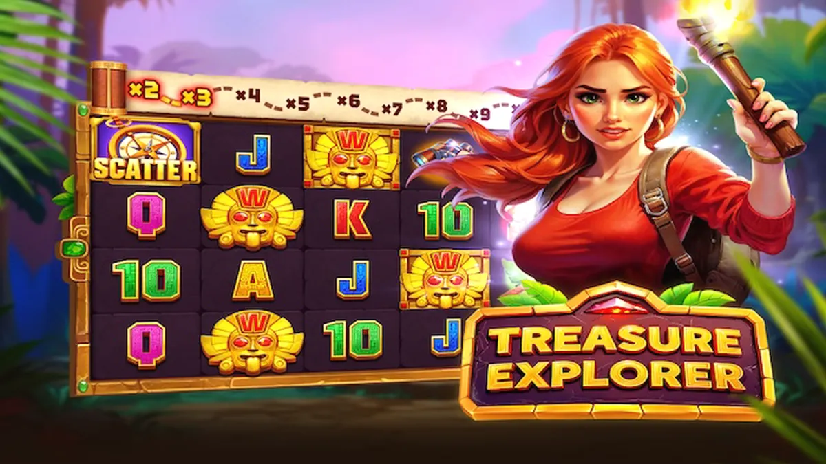Isang visual na representasyon ng Treasure Explorer slot na nagpapakita ng gubat at mga simbolo ng kayamanan.